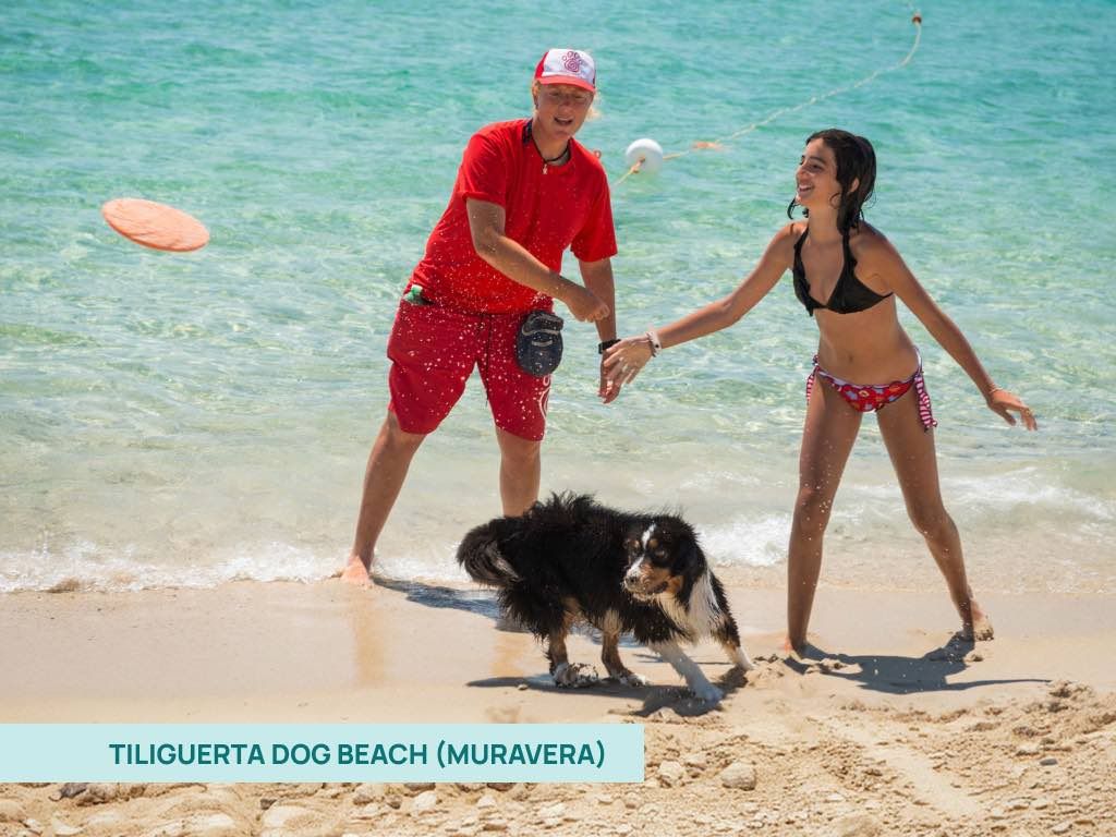 Alla Tiliguerta Dog Beach, un'educatrice cinofila insegna a una bambina a giocare con il suo cane